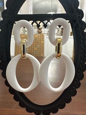 🧡White Hoop Drop Earrings with Gold Accents🧡